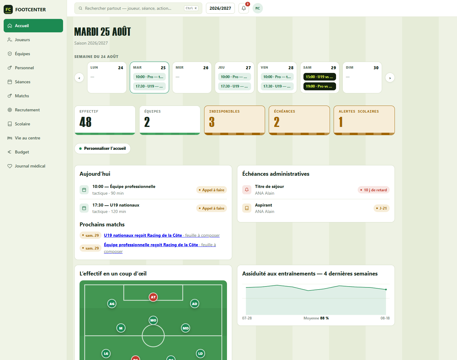 Tableau de bord FOOTCENTER : semaine du club, effectif sur le terrain, assiduité